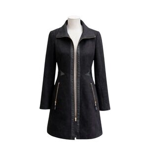 Via Spiga Womens Black Wool Blend Fit & Flare  Moto Coat 4 Faux Leather Trim